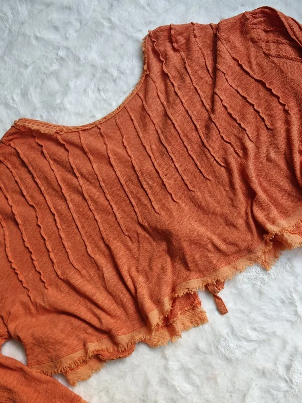 Free People Summer Nights Top XS Rust Orange Pleated Raw Hem Bell Sleeve Boho Li